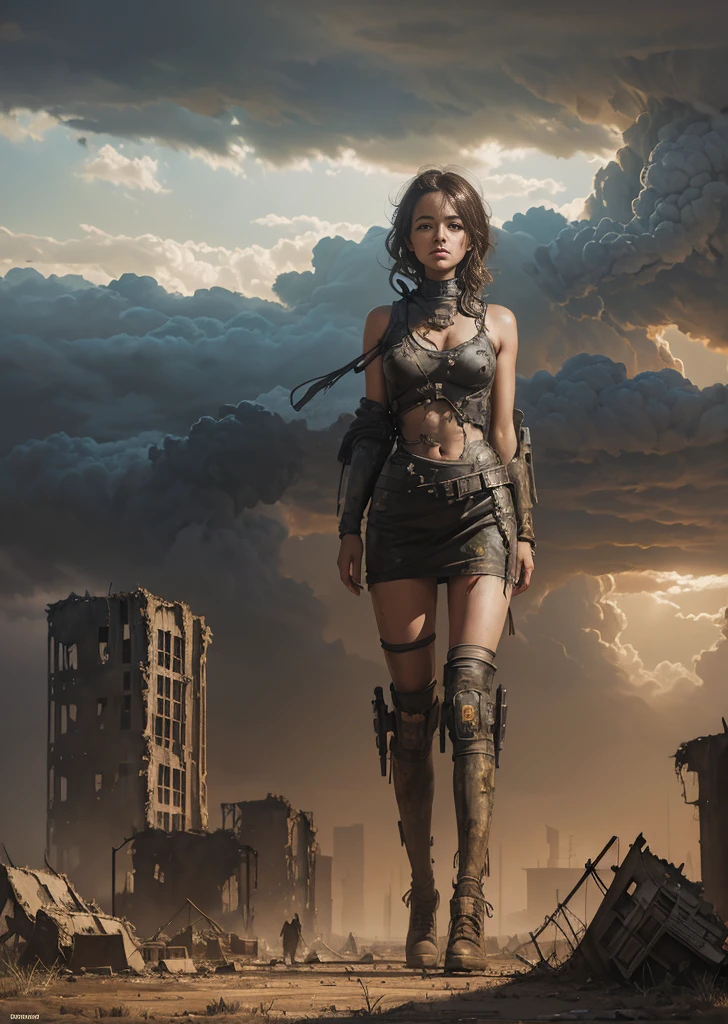 "Oil painting, ((resilient)) girl standing amidst nuclear wasteland ruins, delicate flowers emerging from the desolation, ominous clouds casting shadows, ((haunting beauty)), post-apocalyptic masterpiece"