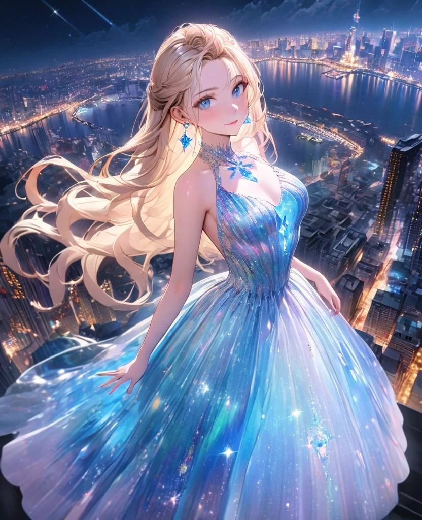 8K,gal,Beautiful and realistic skin,Shiny jewel-like earrings,blue glowing tattoo,Long colerful hair,blue eyes,whole body,Night view,Sparkling landscape,City,sparkling dress,Raise your hand
