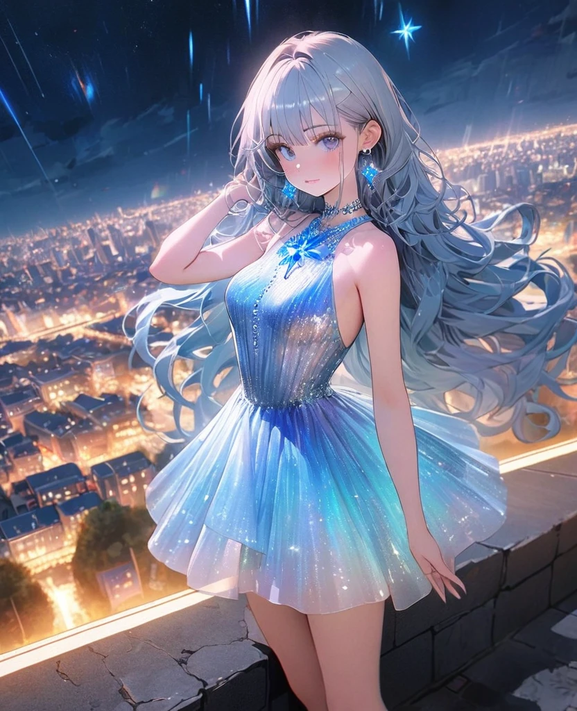 8K,gal，Beautiful and realistic skin,Shiny jewel-like earrings，blue glowing tattoo,Long colerful hair,blue eyes,whole body,Night view,Sparkling landscape,City,sparkling dress,Raise your hand