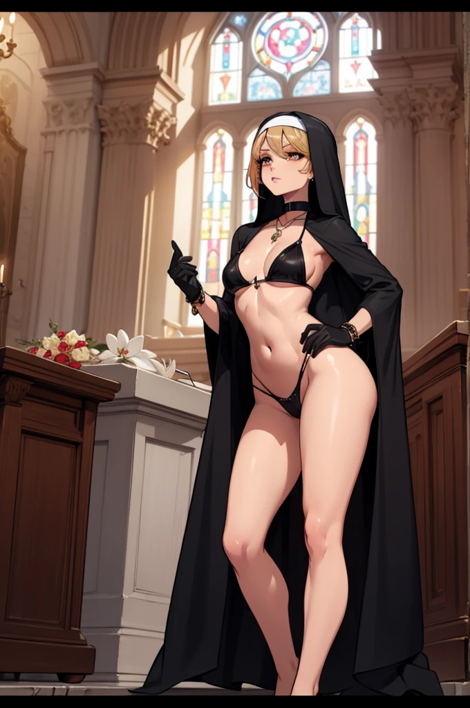 Very tall, slim milf; nun; blonde hairs and incredible long ponytail; strong goth makeup; brown eyes; small firm,pointy breast; sensual midriff; wearing jewelery, necklace, earrings, transparent black bikini top, short leather jacket, visible fancy figa thong strings; gloves, rings, church, best quality, expressive eyes, perfect face, masterpiece, slim body, very long legs, detailed stomach, detailed hips, detailed legs, carefully drawn toes, carefully drawn feet, carefully drawn hands, best quality, drawn with careful, Dynamic Angle, Highly detailed, seductive eyes