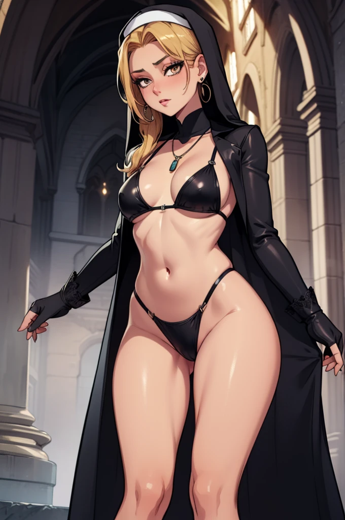 Very tall, slim milf; nun; blonde hairs and incredible long ponytail; strong goth makeup; brown eyes; small firm,pointy breast; sensual midriff; wearing jewelery, necklace, earrings, transparent black bikini top, short leather jacket, visible fancy figa thong strings; gloves, rings, church, best quality, expressive eyes, perfect face, masterpiece, slim body, very long legs, detailed stomach, detailed hips, detailed legs, carefully drawn toes, carefully drawn feet, carefully drawn hands, best quality, drawn with careful, Dynamic Angle, Highly detailed, seductive eyes