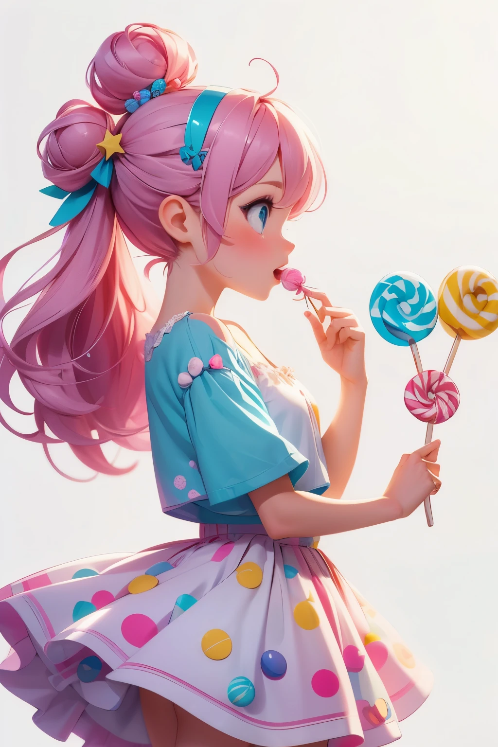 Disney American style, slight side view, cute girl with pink bun hair, some candy decorations on her head, wearing candy-decorated skirt and clothes, holding lollipop in hand, character design, white background