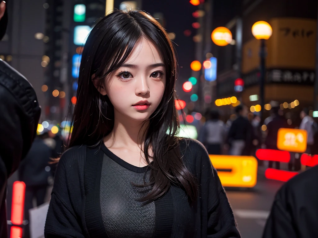 1girl, Tokyo street,night, cityscape,city lights, upper body,close-up, 8k, RAW photo, best quality, masterpiece,realistic, photo-realistic,