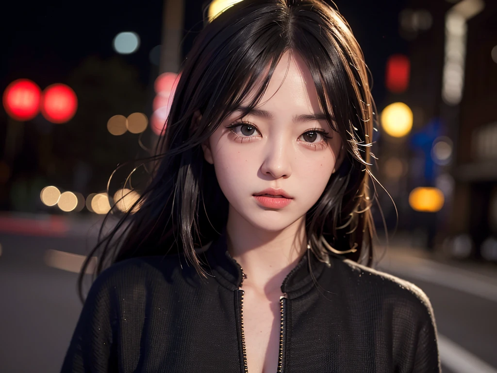 1girl, Tokyo street,night, cityscape,city lights, upper body,close-up, 8k, RAW photo, best quality, masterpiece,realistic, photo-realistic,