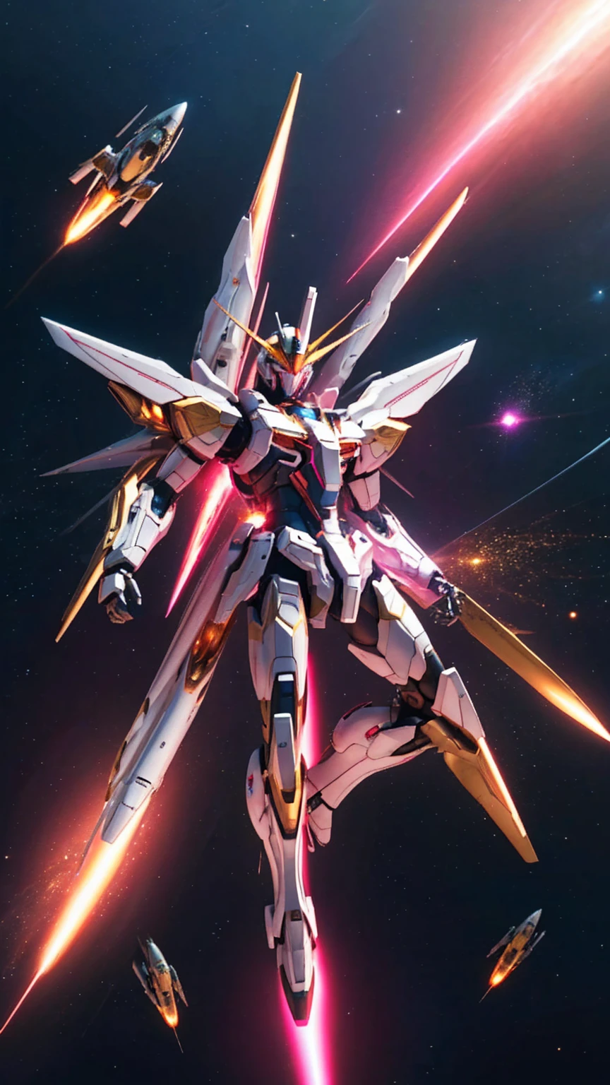 universe space、Pink light effect、Strike Freedom、front、universe spaceに浮いている、(The entire aircraft is enveloped in a circular light of countless golden particles.)、