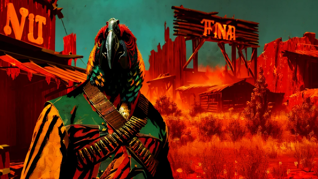 a highly detailed digital portrait of a parrot  in the wild west of america, red background, everything is shattering, hyperrealistic, octane render, photorealistic, 8k, intricate details, dramatic lighting, cinematic composition, weathered, dystopian, grungy, moody, intense colors, vivid, masterpiece
