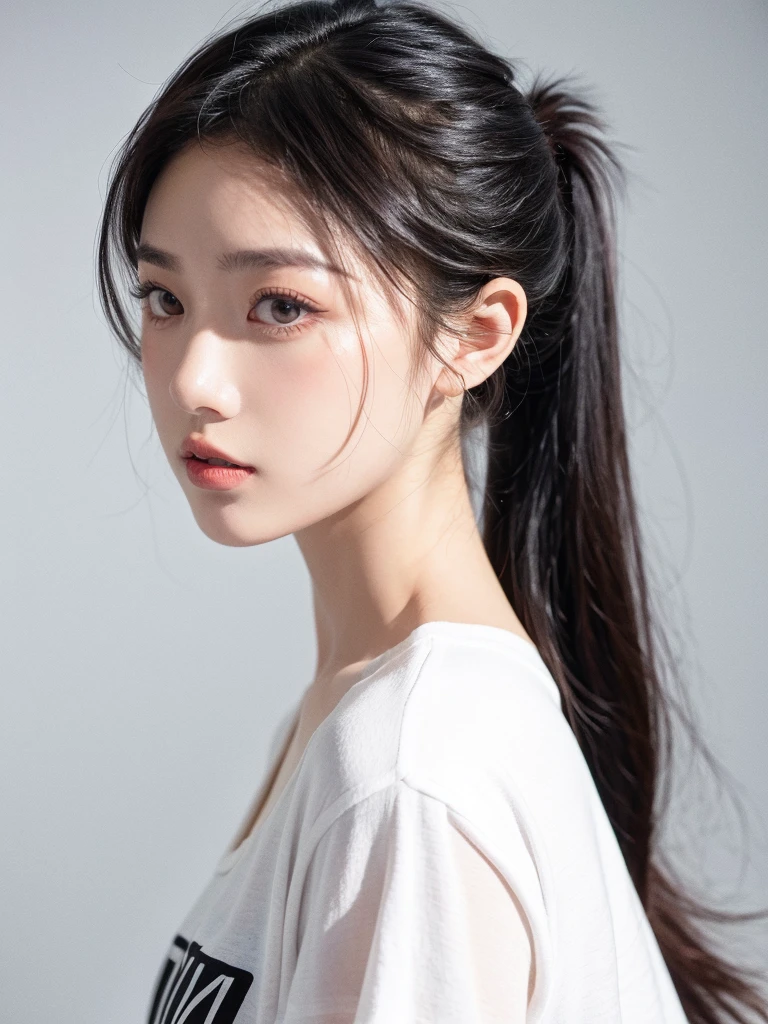 masterpiece,Best picture quality,Extreme details,Ultra-high resolution,Ultra-high definition,Beautiful young people,Glowing skin,thin,Black Hair,Short Ponytail,1,big eyes,beautiful eyes,Lipstick,Exquisite facial features,bust,Looking at the viewer, t-shirt,Single tone background,White background,Soft light,Profile