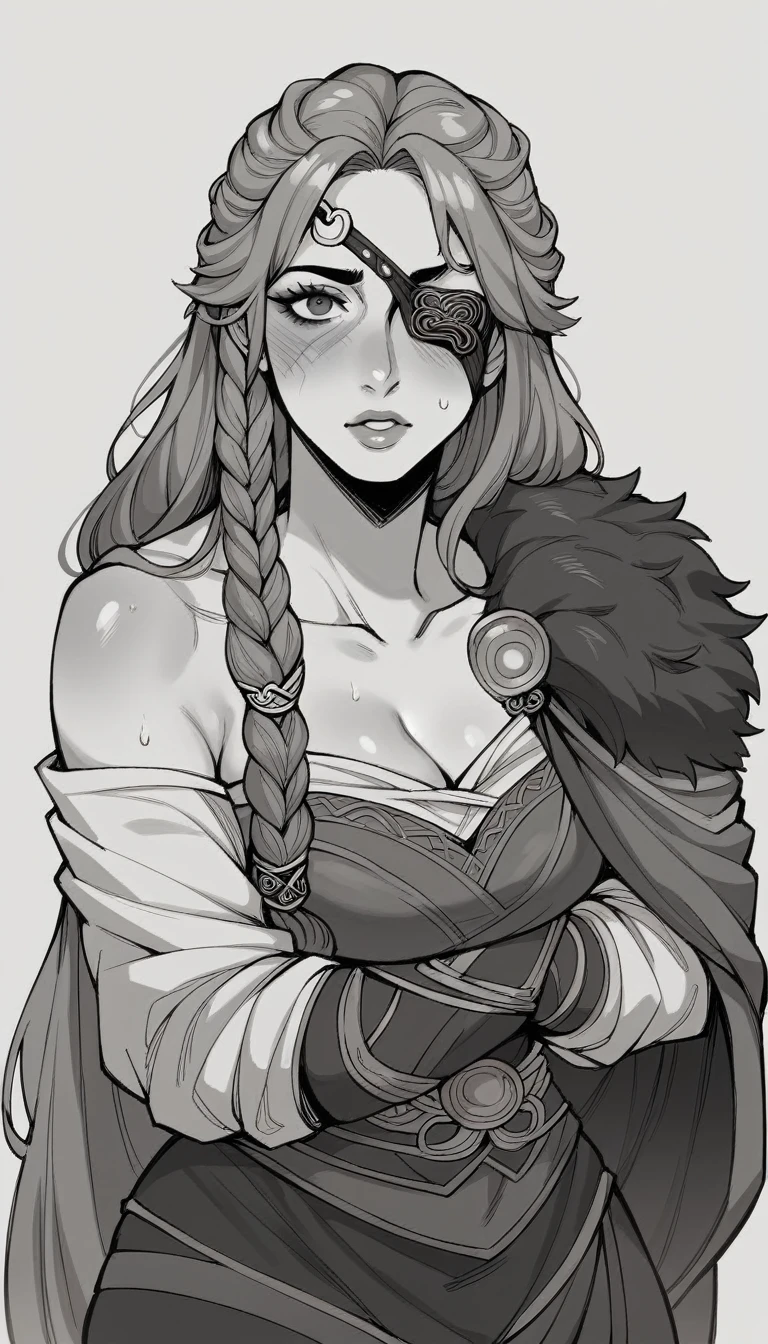 Please draw a beautiful girl character based on Odin, the chief god of Norse mythology.。He has an eyepatch on one eye.、Dressed in warrior-like clothing。She exudes dignity and elegance。Please give him a small version of Odin&#39;s spear Gungnir.。