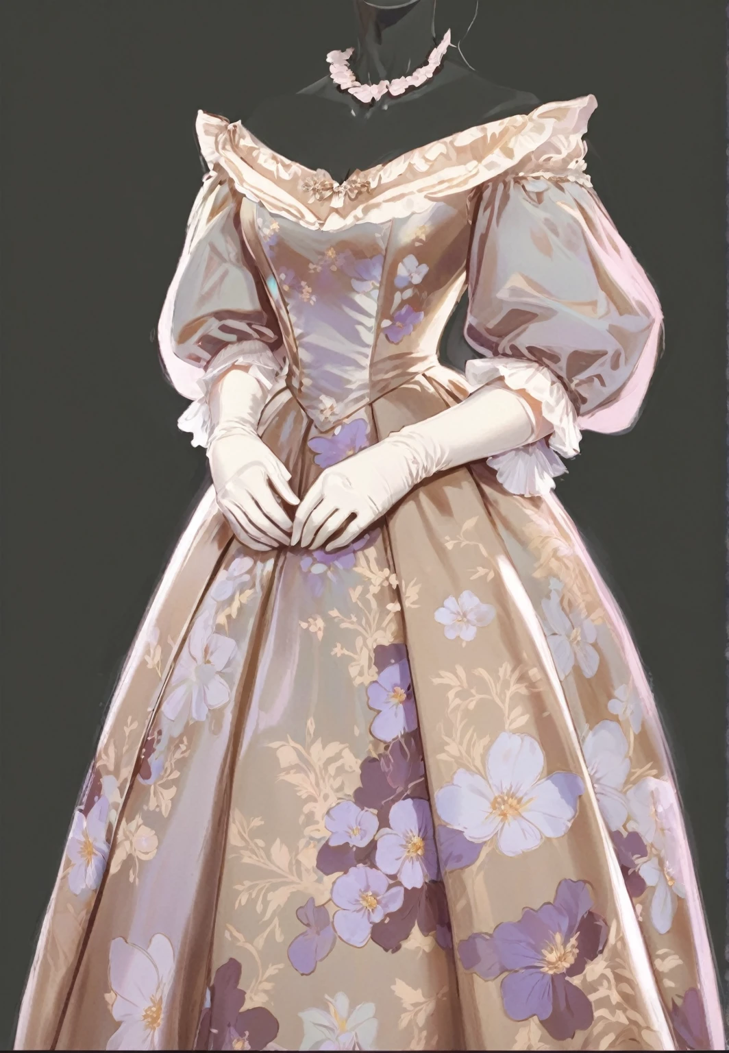 beautiful illustration, ultra-detailed, masterpiece, anime style,  victorian era, victorian style, victorian dress, dress with flowers printed, silk dress, white gloves, 