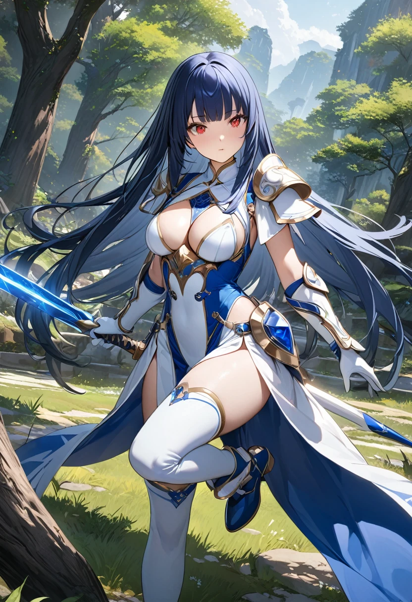 Highest quality、unity 8k wallpaper、32k、masterpiece、Very detailed、Ultra-high resolution、Very detailedな顔, RAW Photos, Professional, Ultra-fine painting,　Blue long straight hair、Red Eyes、(Tree Eyes), Cool and sharp features, Hime cut, 20～A female magical warrior, about 24 years old.、Blue and white leotard、Blue and white pencil skirt with side armor and long slits、Half puff sleeves with shoulder pads、A large white ribbon with a large sapphire on the chest、White and blue long gloves、White and blue thigh-high stiletto boots、whole body