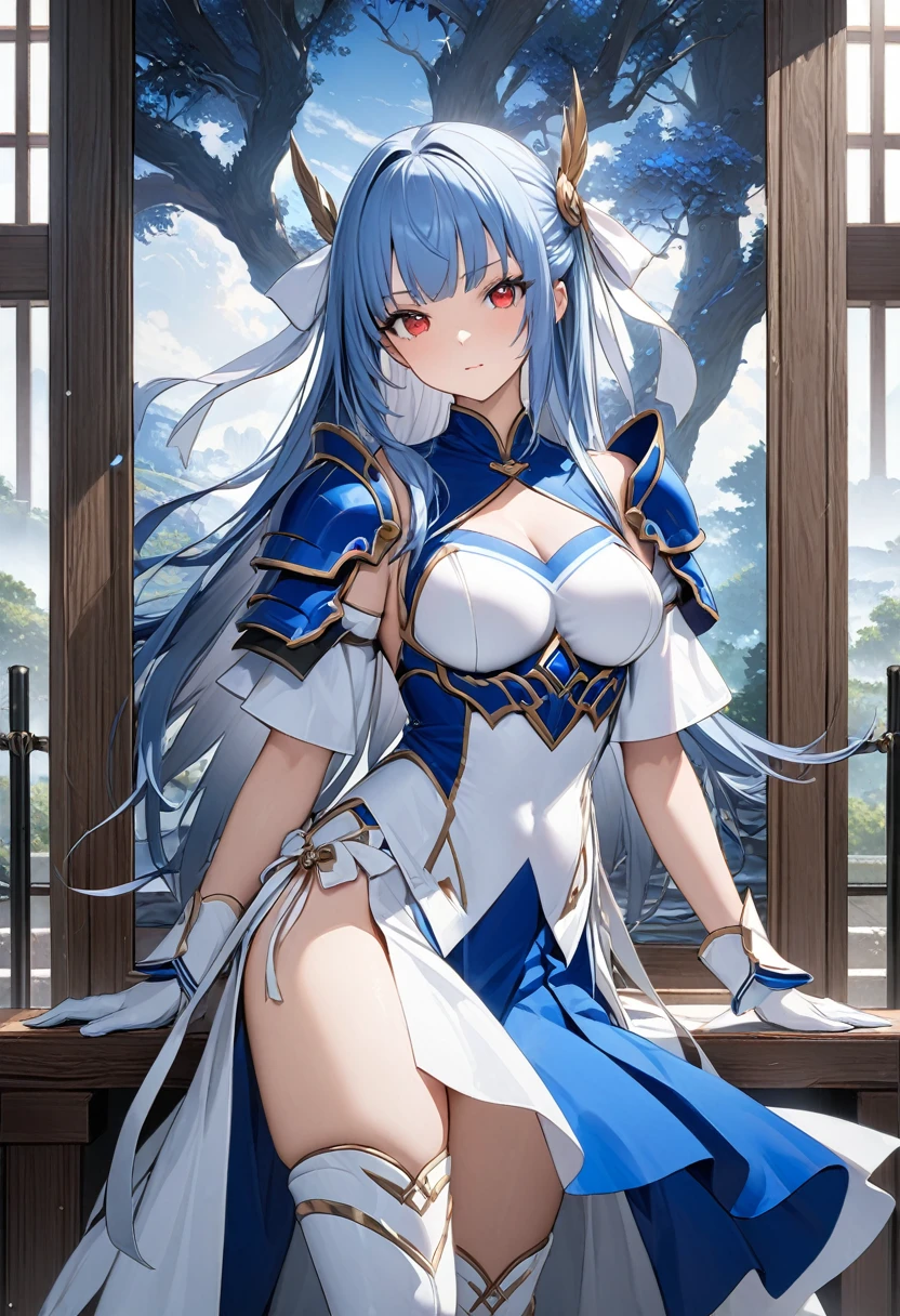 Highest quality、unity 8k wallpaper、32k、masterpiece、Very detailed、Ultra-high resolution、Very detailedな顔, RAW Photos, Professional, Ultra-fine painting, Blue long straight hair、Red Eyes、(Tree Eyes), Cool and sharp features, Hime cut, 20~A female magical warrior, about 24 years old.、Blue and white leotard、Blue and white pencil skirt with side armor and long slits、Half puff sleeves with shoulder pads、A large white ribbon with a large sapphire on the chest、White and blue long gloves、White and blue thigh-high stiletto boots、whole body