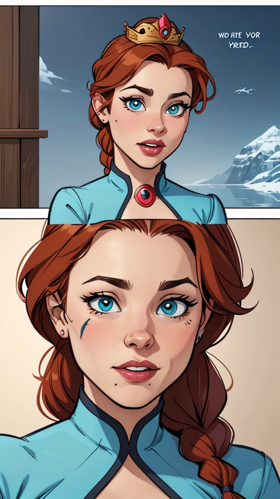 Compensation! Here is the revised and cleaner text:
--- Character: Battle-scarred Queen Anna of Arendelle.
Description: Cartoon image of a woman. cartoon style illustration, with highly detailed character design. detailed digital art, showing courage and high quality portrait.
characteristics:
- Portrait character design - Beautiful digital illustration - Comic art - Young girl with braided hair - Beautiful lined eyes - Medium-large bust and wonderful sexy clothes - Expression of sexual desire from waist to head ---