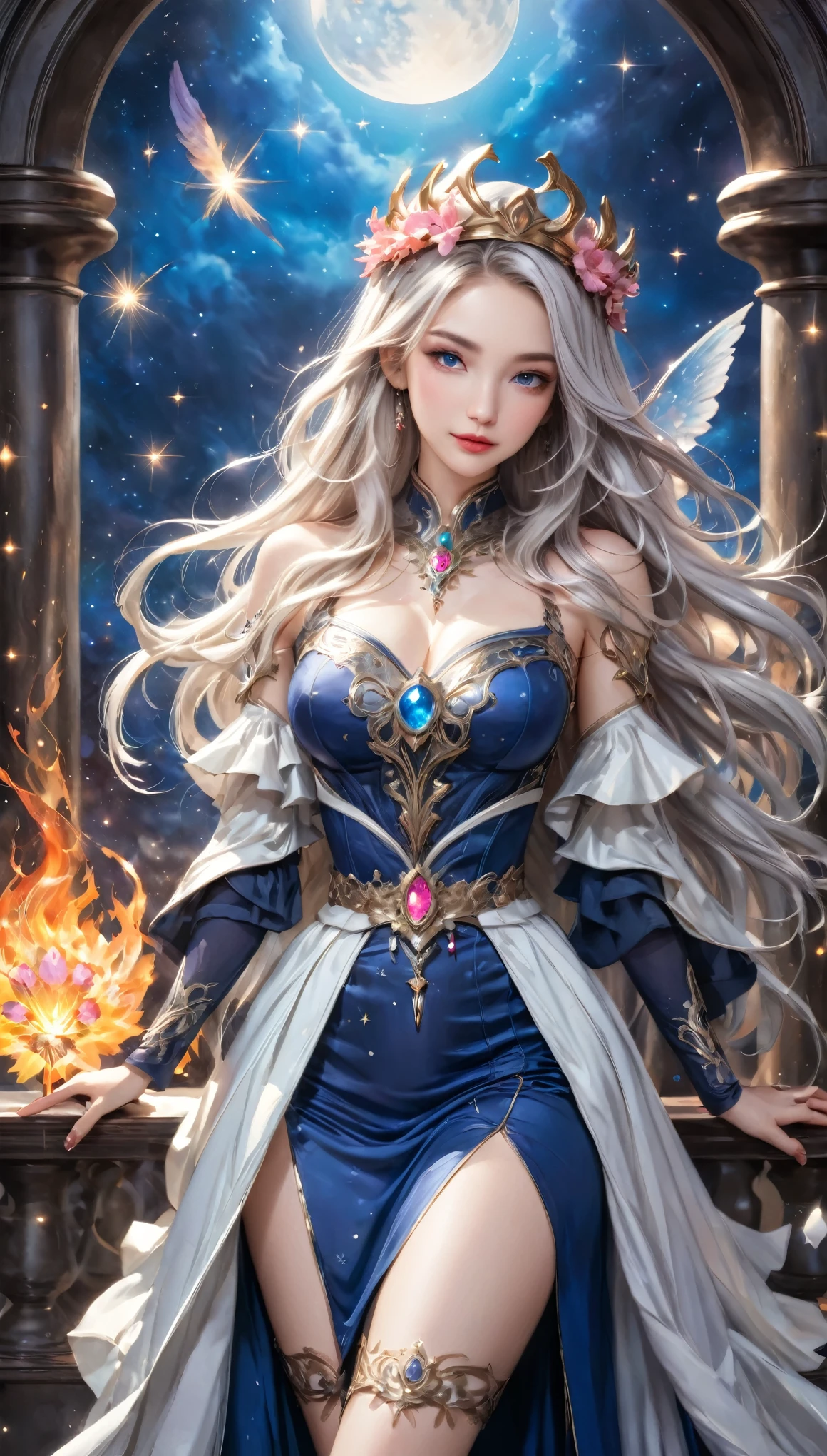 8K resolution, masterpiece, Highest quality, Award-winning works, unrealistic, From above, erotic, sole sexy lady, healthy shaped body, 22 years old, black mage, 165cm tall, huge firm bouncing busts,, white silver long wavy hair, Detailed facial depictions, Break, Mysterious blue eyes, Standard nose, Eyeliner, pink lips, sexy long legs, Clear skin, holy knight, Gothic ruffle long dress, A dress with a complex structure, Seven-colored colorful dress, Clothed in flames, royal coat of arms, elegant, Very detailed, Delicate depiction of hair, miniature painting, Digital Painting, artステーション, コンセプトart, Smooth, Sharp focus, shape, artジャム、Greg Rutkowski、Alphonse Mucha、William Adolphe Bouguereau、art:Stephanie Law , Royal Jewel, nature, Symmetric, Greg Rutkowski, Charlie Bowwater, Unreal, Surreal, Dynamic Lighting, ファンタジーart, Complex colors, Colorful magic circle, flash, dynamic sexy poses, A kind smile, Mysterious Background, Aura, A gentle gaze, BREAK, Small faint lights and flying fireflies, night, lanthanum, 山の頂From above下界を見下ろす, Starry Sky, milky way, nebula, shooting star, Flowers, birds, wind and moon, (Back view, Looking back towards the camera:1.3), chant healing magic, A pillar of light stretching to the sky, Laser beam, Climb the stairs to heaven