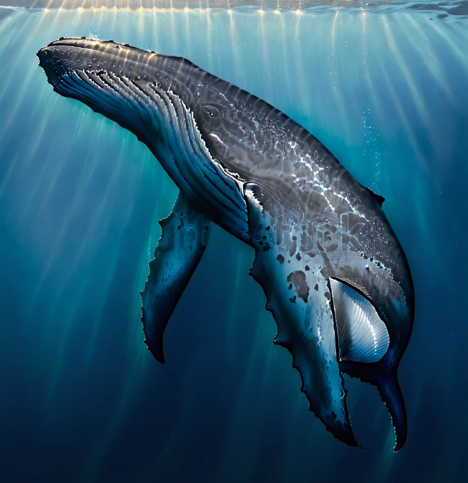 It depicts an underwater scene of a large whale surrounded by a school of small fish.。The whale is positioned vertically into the water.、The tail is at the bottom of the image、Head facing up towards the water surface。The surrounding water is colored in various tones of blue.、It gives a sense of depth and serenity.。I see a ray of light from above、Water surface is nearby、a whale is jumping out of the water with its mouth open, humpback whale, blue whale, whale, Realistic illustrations, ultra Realistic illustrations, the blue whale crystal texture, Detailed illustrations, Highly detailed illustration, Highly detailed high resolution, High quality illustrations, Ultra-realistic, High quality illustrations, Highly detailed and realistic, whales, Realistic and highly detailed, Shutterstock