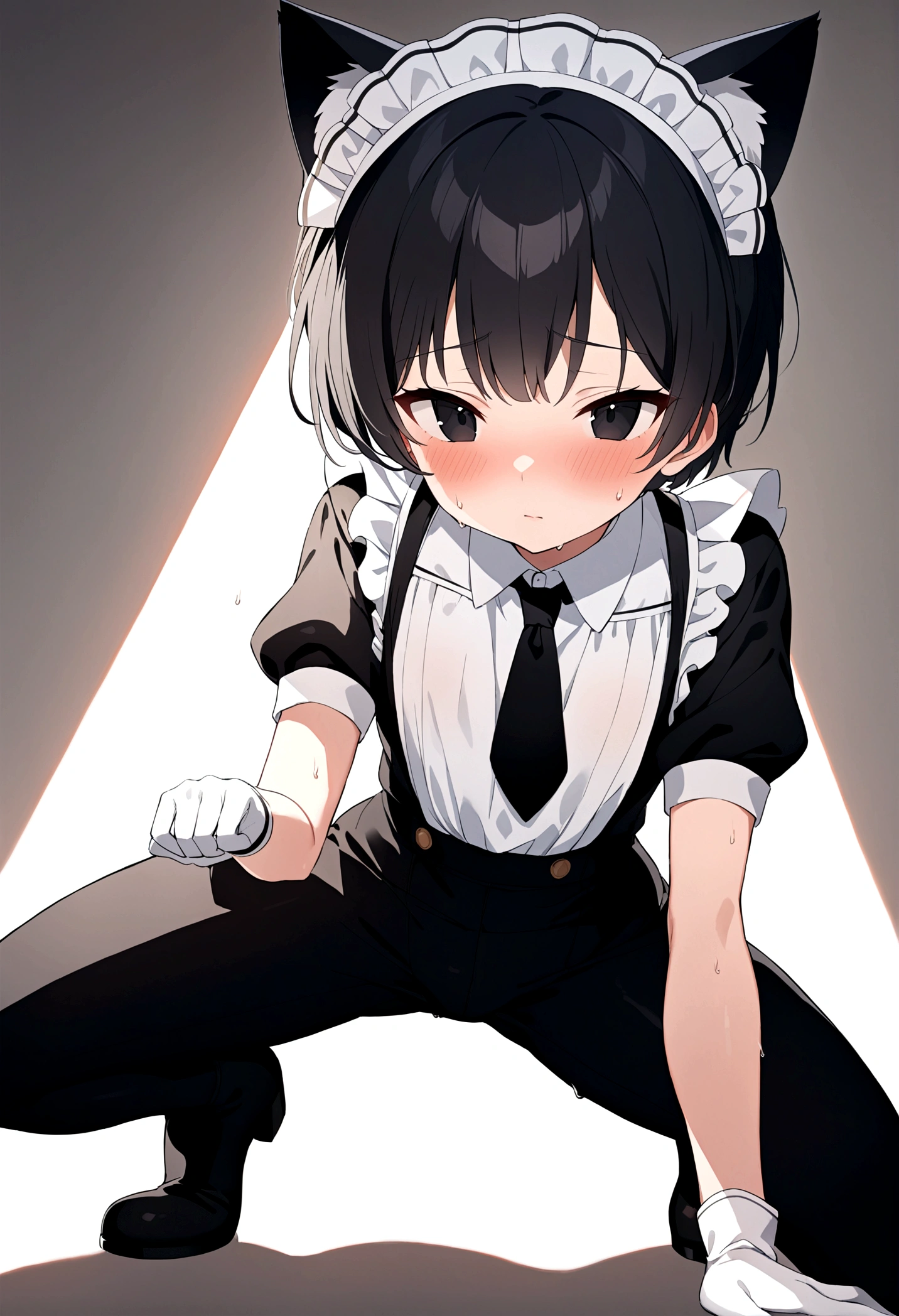 18-year-old boy, cute, Wear the maid outfit and a black work tie, Wear a maid hat, Wear cat ears, Wear black pants, Wear black booties, Wear white gloves, Black hair, Black eyes, blush, sweat,porn pose