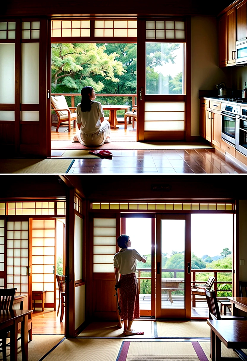 Create a hyper-realistic, photo-realistic image of a Japanese woman in her 30s, portraying a typical housewife. She should have a genuine, cheerful smile, exuding warmth and friendliness. Her attire should be casual yet neat, suitable for daily household activities. Place her in a home setting, such as a kitchen or living room, engaged in a common household task like cooking, cleaning, or organizing. The background should be detailed and reflect a typical Japanese home, including traditional elements like sliding doors, tatami mats, or a small garden visible through a window. The overall scene should have the look and feel of a high-resolution photograph, capturing the essence of comfort and domestic harmony