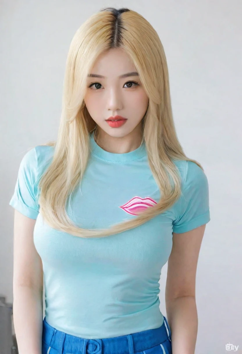 Woman, Asian American, very attractive, big lips, blonde highlights, straight hair, big tits, fully clothed, tight baby tee, 