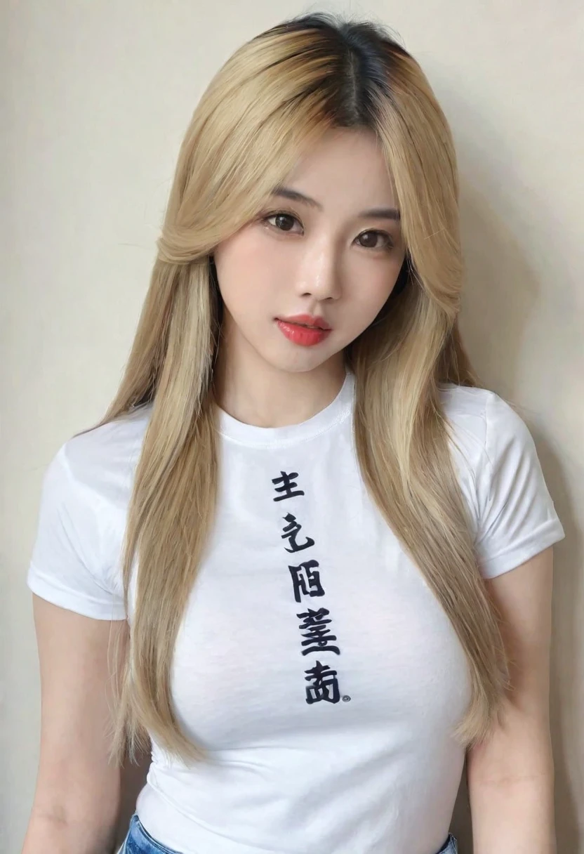 Woman, Asian American, very attractive, big lips, blonde highlights, straight hair, big tits, fully clothed, tight baby tee, 