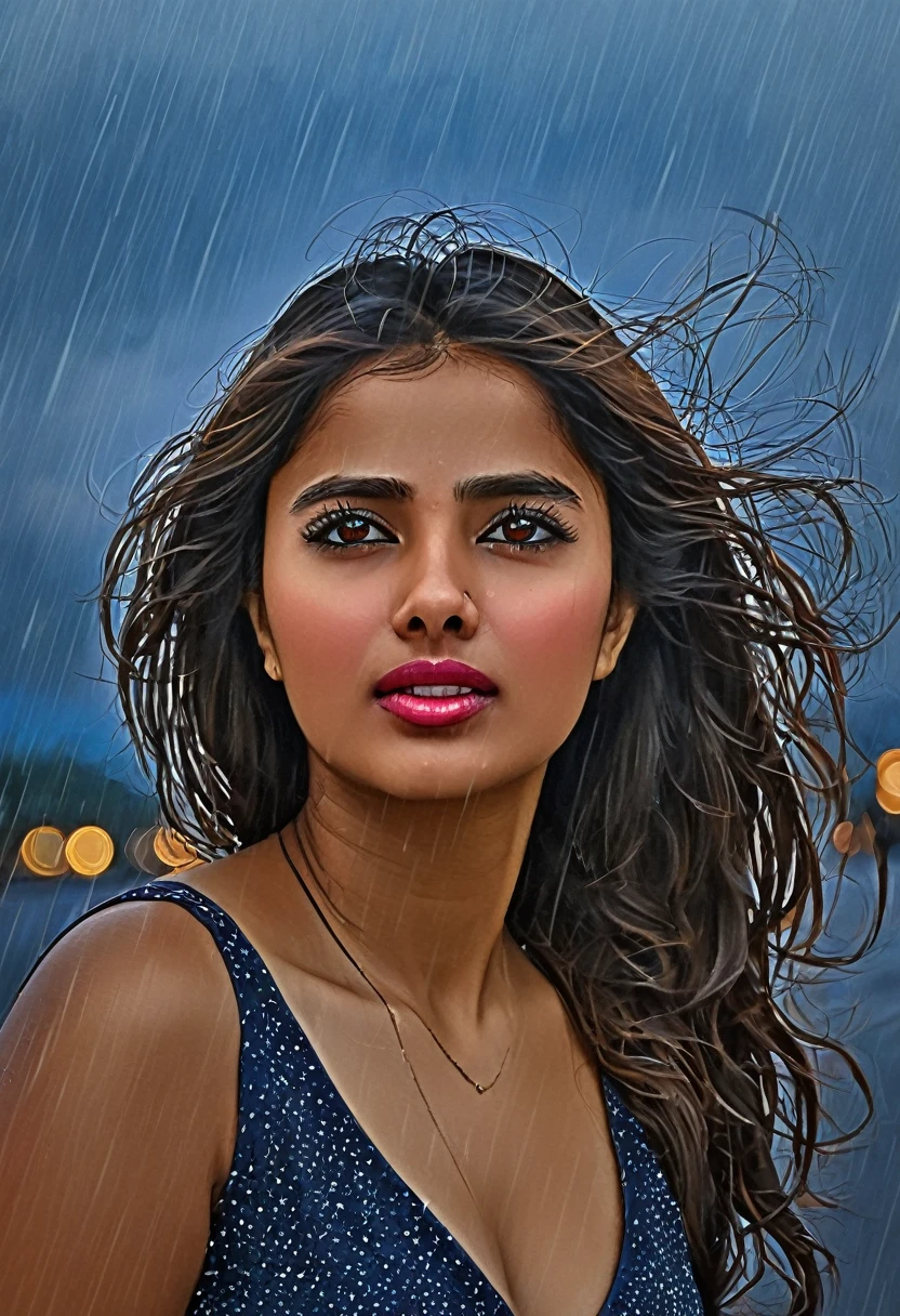 "(best quality,highres), Indian girl at marine drive (Mumbai), raining, wearing dress, beautiful detailed eyes and lips, long eyelashes, realistic rendering, vibrant hues, high resolution, ultra-detailed, realistic rendering, high-resolution masterpiece" (woman's appearance is curved and attractive),