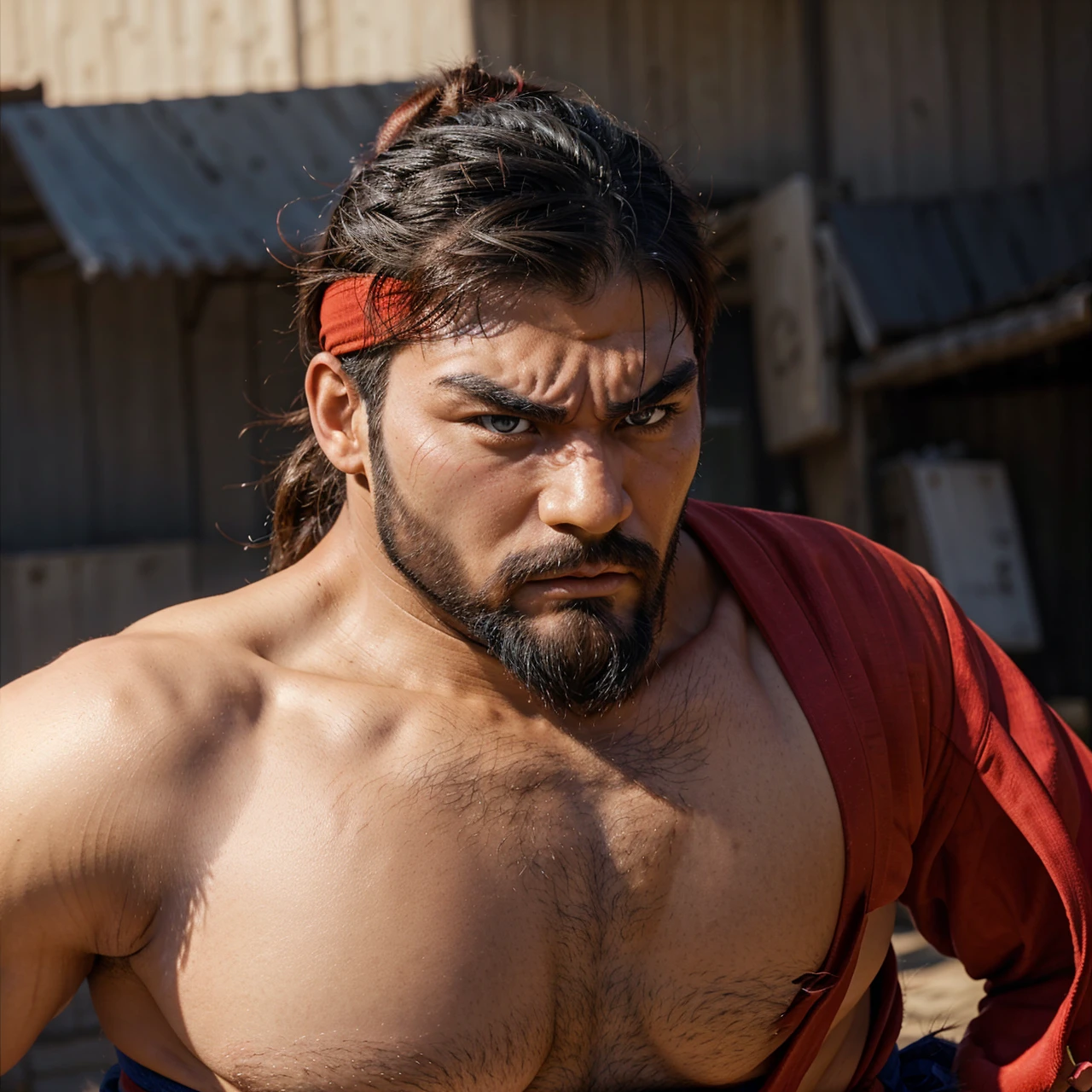 Street fighter ryu, frontal view, bushy eye brows, full body, red sash, beard, angry looking, 