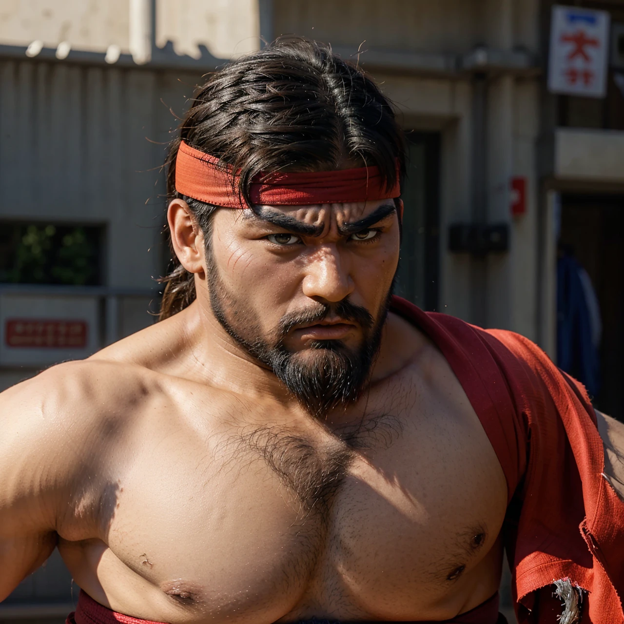 Street fighter ryu, frontal view, bushy eye brows, full body, red sash, beard, angry looking, 