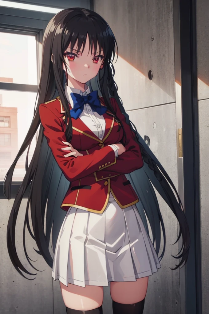 masterpiece, best quality, high resolution, best illustration, super fine illustration, (official art:0.8), anime screencap, detailed beautiful face and eyes, anime keyvisual, (perfect anatomy:1.1), 8k portrait, 
1girl,
Suzune Horikita, 
long hair, braid, 
black hair, 
(red eyes:1.2), slant eyes, small eyes, 
blue bow, 
medium breasts, 
(school uniform, red jacket, white skirt, pleated skirt, black thighhighs),
looking at viewer, 
cowboy shot, 
natural light, background of indoor, skirt lift, show panties, nsfw, 