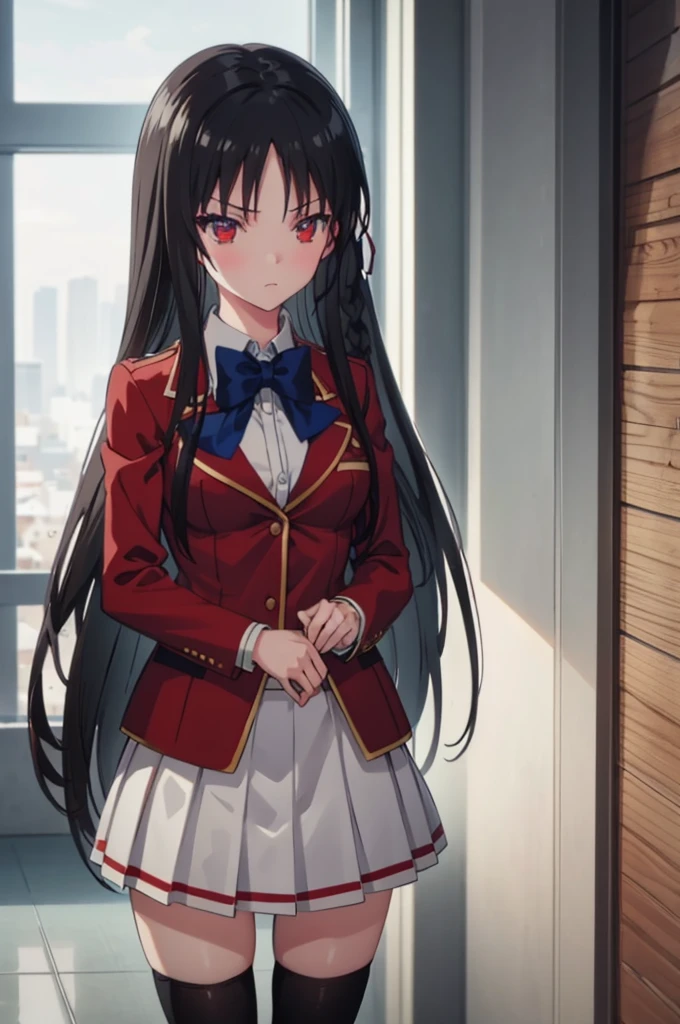 masterpiece, best quality, high resolution, best illustration, super fine illustration, (official art:0.8), anime screencap, detailed beautiful face and eyes, anime keyvisual, (perfect anatomy:1.1), 8k portrait,
1girl,
Suzune Horikita,
long hair, braid,
black hair,
(red eyes:1.2), slant eyes, small eyes,
blue bow,
medium breasts,
(school uniform, red jacket, white skirt, pleated skirt, black thighhighs),
looking at viewer,
cowboy shot,
natural light, background of indoor, skirt lift, show panties, nsfw,