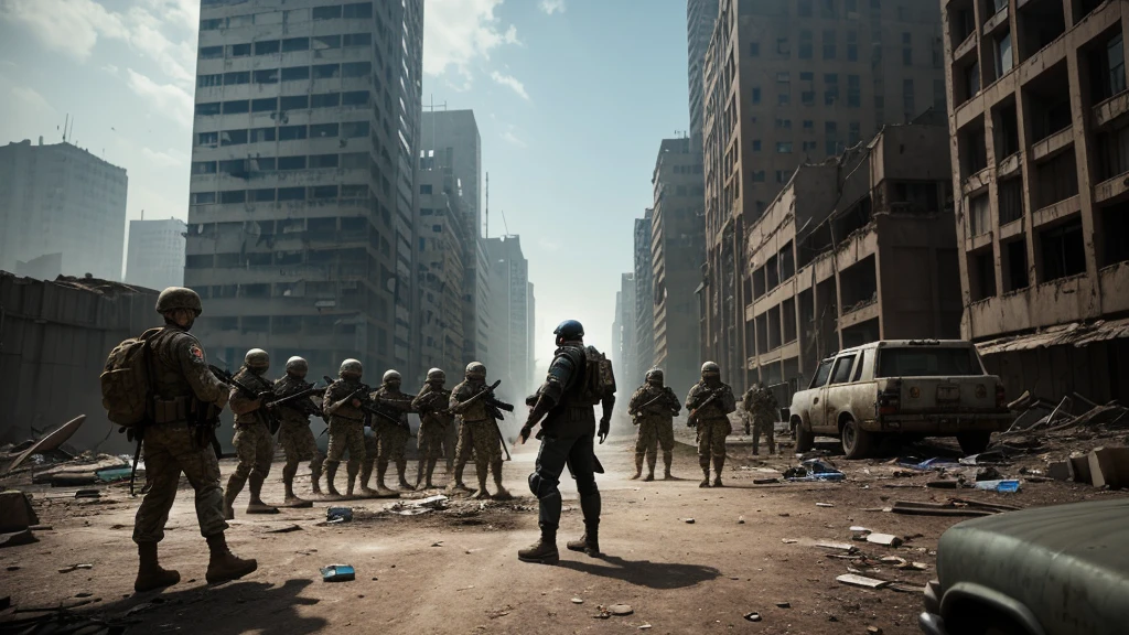 The protagonist is a middle-aged man with a rugged appearance, wearing a futuristic combat suit with battle scars. The setting is a dystopian cityscape with ruins of skyscrapers and abandoned vehicles. He stands at the forefront, rallying a group of human soldiers who look determined but wary.