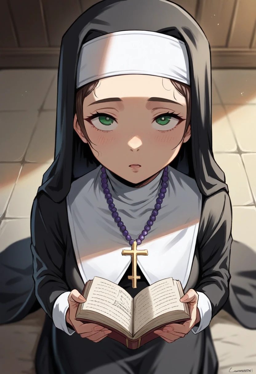 arafed woman in a nun costume reading a book, nun outfit, nun fashion model, nun, wearing a cross on a robe, wearing a black robe, nun fashion model looking up, wearing a matron's uniform, wearing a black robe, an evil nun, kneeling and looking, wearing Black robe, wearing a dark robe, wearing black silk robes, beads crisscrossed on the bare chest