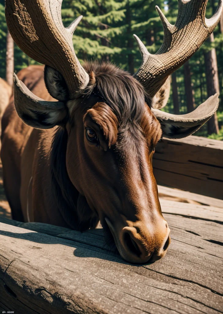 portrait of a surprised moose with great horns,bottom view,Outdoors,ral-swarcrystl,8k,F2.8,RAW Photo,ultra detailed,soft lighting,real life,ultra detailed