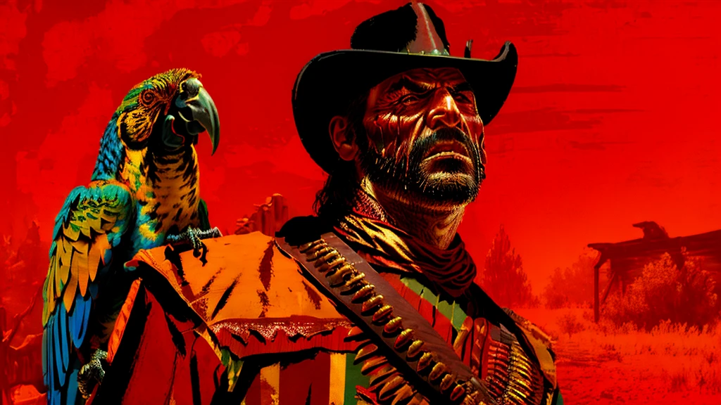 a highly detailed digital portrait of a parrot cowboy in the wild west of america, red background, everything is shattering, hyperrealistic, octane render, photorealistic, 8k, intricate details, dramatic lighting, cinematic composition, weathered, dystopian, grungy, moody, intense colors, vivid, masterpiece