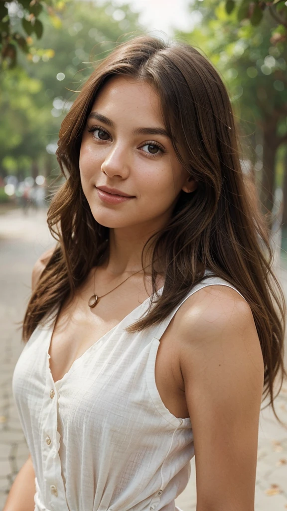 Create a portrait of a young woman in her twenties with a natural and realistic appearance. She has long, wavy brown hair cascading over her shoulders, with highlights catching the light. Her eyes are hazel, expressive and warm, conveying a sense of kindness and intelligence. She has a subtle smile, with lips that are rosy and naturally shaped. Her complexion is smooth and lightly tanned, suggesting a healthy outdoor lifestyle. She is wearing a simple white blouse with delicate patterns, and there's a hint of a necklace peeking out. The background is soft and blurred, focusing attention on her features and expression."
This prompt should help guide the creation of a realistic-looking girl in Sea Art AI, emphasizing natural details and a lifelike appearance.