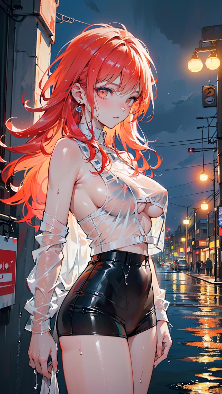 rave girl,(((1girl))),((girl with extremely cute and beautiful hair)),((Asian features)), (big breasts: 1.8 (((neon white red hair: 1.55, wild hair, long hair: 2.1, colored inner hair, breathing in the ears))), (((neon Orange_eyes: 1, 7))), intricate eyes, beautiful detailed eyes, symmetrical eyes, slanted eyes: 15,((((skin shiny: 1.8, shiny skin: 1.8, shiny skin, very shiny skin, shiny body, plastic shiny skin, exaggerated shiny skin, shiny skin, wet legs))),(spider lower abdomen, narrow waist, five fingers, perfect hands, athletic body, detailed body, (((detailed face))), cute, slutty, seductive, erotic, (((nsfw))), zettai ryouiki, revealing clothes, skin show, ((transparent shirt), ((wet clothes, complex clothes, complex clothes)),(((sideboob))), cyberpunk city at seaside at night with glowing signs, neon lights and dark storm clouds and puddles, scenery: 1.25, night, starry night, cosmos, very dark night that highlights neon lights, very bright neon lights, artistic photography , (photo taken by sldr), high resolution, sharp focus, (ultra detailed, extremely detailed), art (photorealistic): 1.37), (extremely detailed Unit CG 8k wallpaper), ((synthwave background theme) ), (((vibrant colors))), intricate, (intricate background), (masterpiece), (best quality), perfect rendered face, perfect face details, realistic face, realistic photo, analog style, ((details intricate)), (((realism)) )