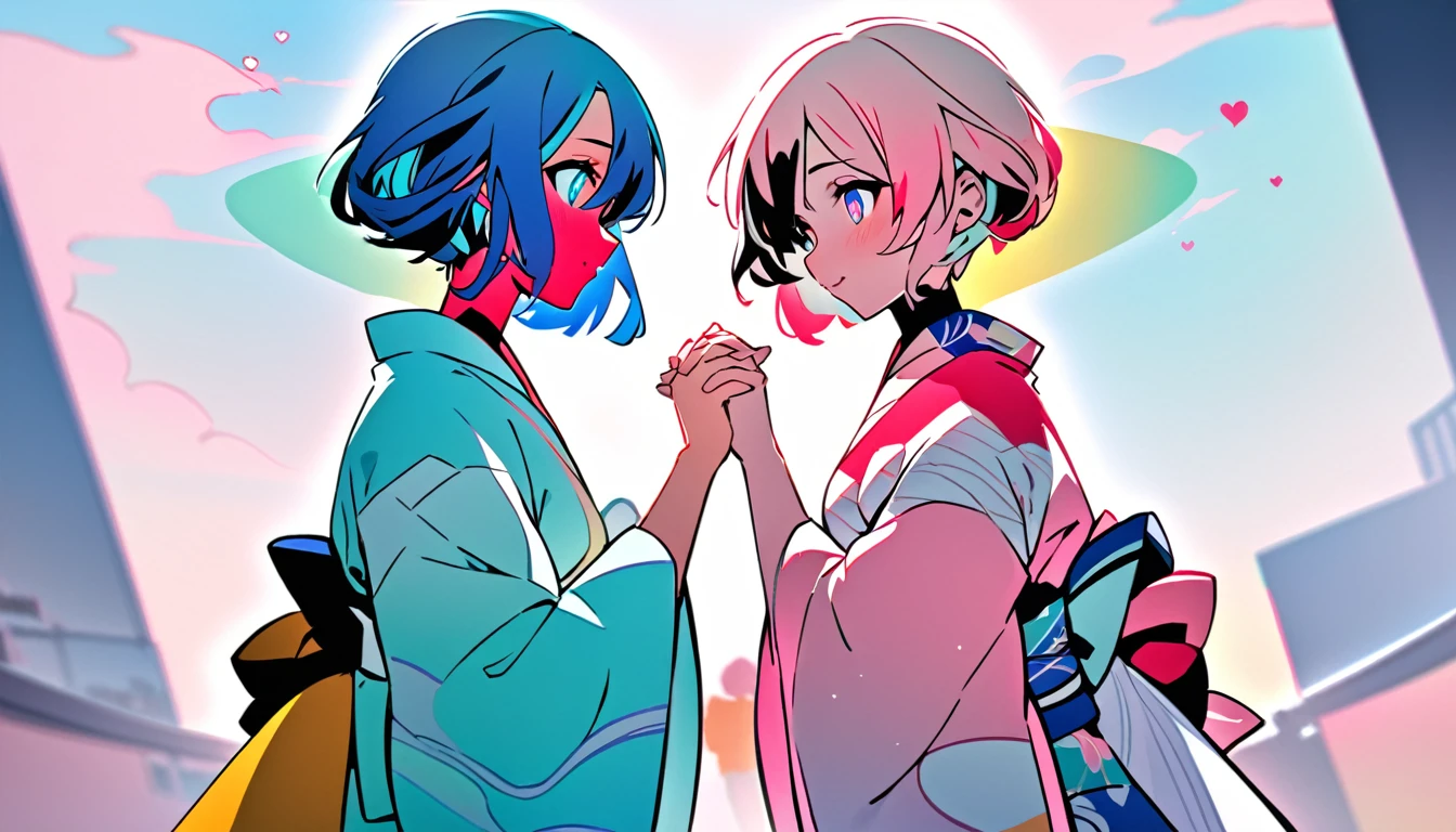 (masterpiece 1:1), (ultra HD picture), (pastel color palette),

((Two twin anime girls)), (short hair with different hair colors), (wearing Japanese kimonos with different colors), (holding hands), (side by side), (loving each other),

Girl 1:
- Hair: pink mixed with sky blue (primary color: pink, secondary color: sky blue as an accent)
- Kimono: blue with yellow accents

Girl 2:
- Hair: sky blue mixed with pink (primary color: sky blue, secondary color: pink as an accent)
- Kimono: pink with yellow accents

Additional Details:
- Glowing eyes
- Cinematic angle
- Lovely expressions
- Cute faces
- Detailed eyes
- 4 fingers
- HD results
- Best picture