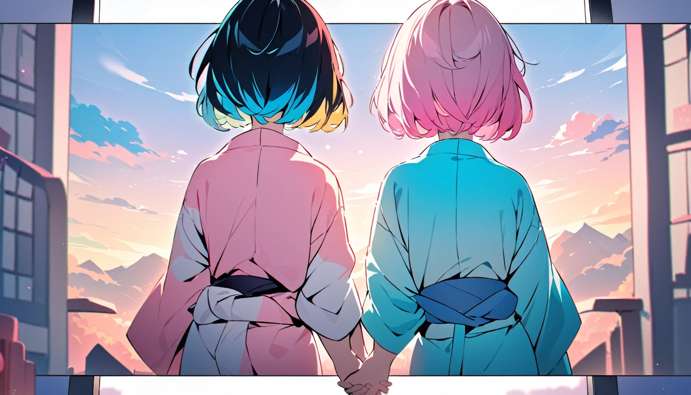 (masterpiece 1:1), (ultra HD picture), (pastel color palette),
((Two twin anime girls)), (short hair with different hair colors), (wearing Japanese kimonos with different colors), (holding hands), (side by side), (loving each other),
Girl 1:
- Hair: pink mixed with sky blue (primary color: pink, secondary color: sky blue as an accent)
- Kimono: blue with yellow accents
Girl 2:
- Hair: sky blue mixed with pink (primary color: sky blue, secondary color: pink as an accent)
- Kimono: pink with yellow accents
Additional Details:
- Glowing eyes
- Cinematic angle
- Lovely expressions
- Cute faces
- Detailed eyes
- 4 fingers
- HD results
- Best picture