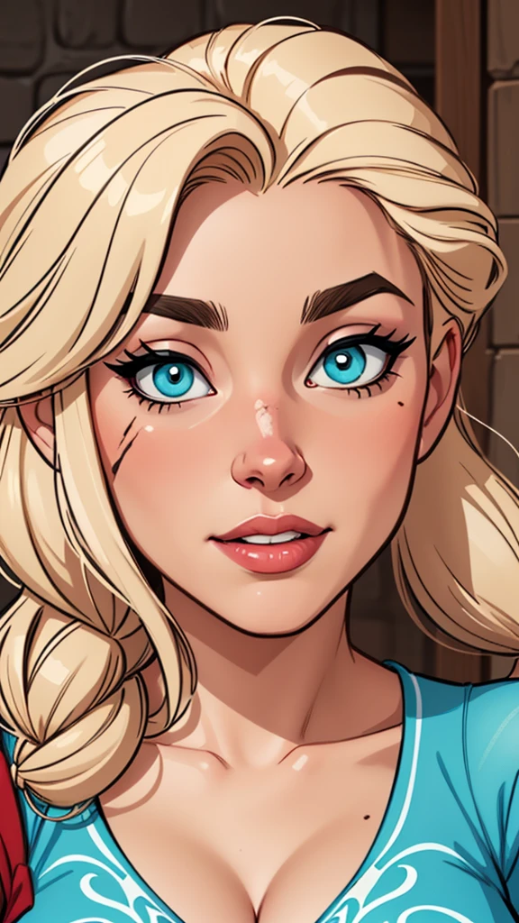 Compensation! Here is the revised and cleaner text:

--- Character: Battle-scarred Queen Anna of Arendelle.

Description: Cartoon image of a woman. cartoon style illustration, with highly detailed character design. detailed digital art, showing courage and high quality portrait. 

characteristics:
- Portrait character design - Beautiful digital illustration - Comic art - Young girl with braided hair - Beautiful lined eyes - Medium-large bust and wonderful sexy clothes - Expression of sexual desire from waist to head ---