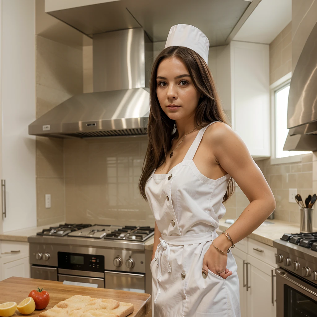 1girl in, 30 years old, Square face, Long hair, Looking at viewer, jewelry, Realistic, Sexy, chef outfit, kitchen background, free pose