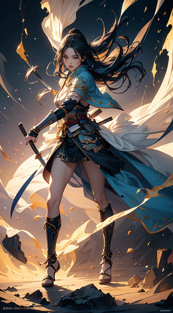 Highest quality、masterpiece、8K、Realistic、超High resolution、Very delicate and beautiful、High resolution、Fantasy、Perfect female body、mature woman、Blue Hair、Toned body、Cape、Clothing with low exposure、Full body emphasis、Simple Background、samurai、warrior