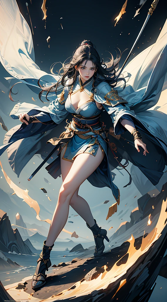 Highest quality、masterpiece、8K、Realistic、超High resolution、Very delicate and beautiful、High resolution、Fantasy、Perfect female body、mature woman、Blue Hair、Toned body、Cape、Clothing with low exposure、Full body emphasis、Simple Background、samurai、warrior