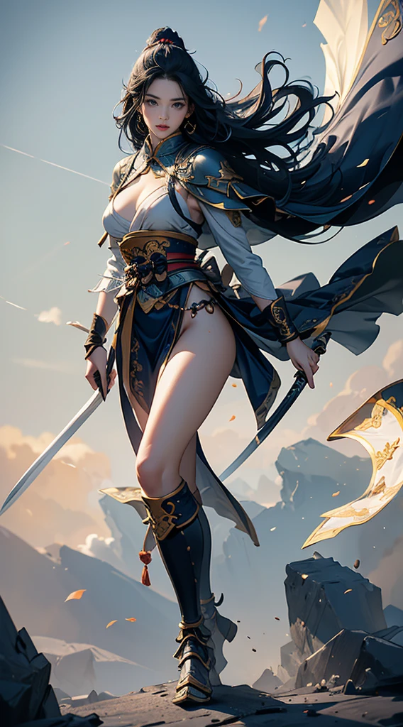 Highest quality、masterpiece、8K、Realistic、超High resolution、Very delicate and beautiful、High resolution、Fantasy、Perfect female body、mature woman、Blue Hair、Toned body、Cape、Clothing with low exposure、Full body emphasis、Simple Background、samurai、warrior