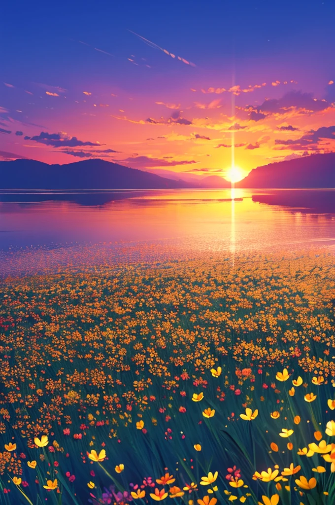 Beautiful fields of flowers, sunrise, lake, butterfly ,nature, wallpaper,, best light