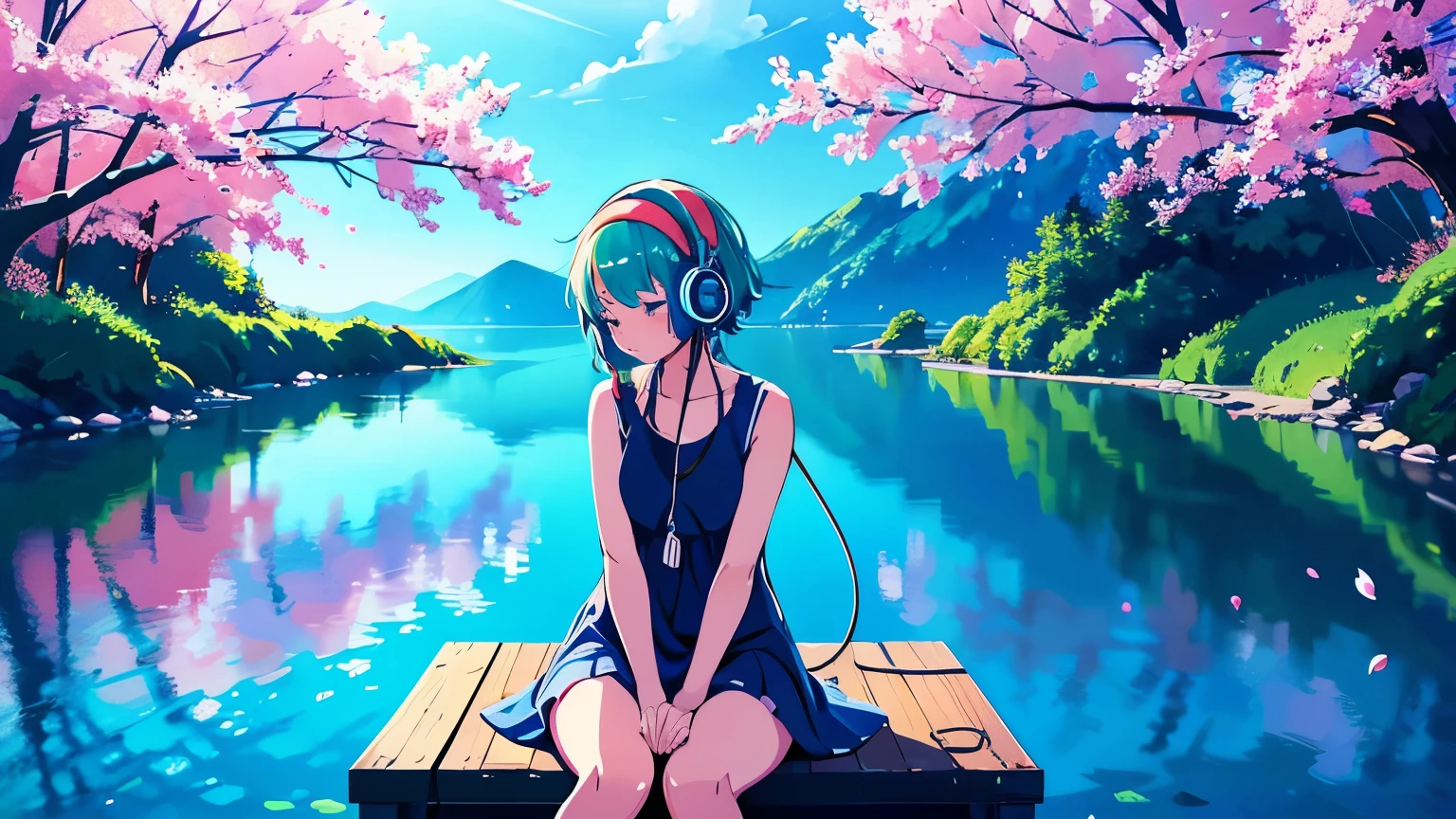 a beautiful anime girl, headband headphones, in a tranquil, lofi, quiet atmosphere, chilling and looking at a lake on a sunny, quiet morning, masterpiece, best quality, 4k, high resolution, photo-realistic, highly detailed, vivid colors, studio lighting, physically-based rendering, professional