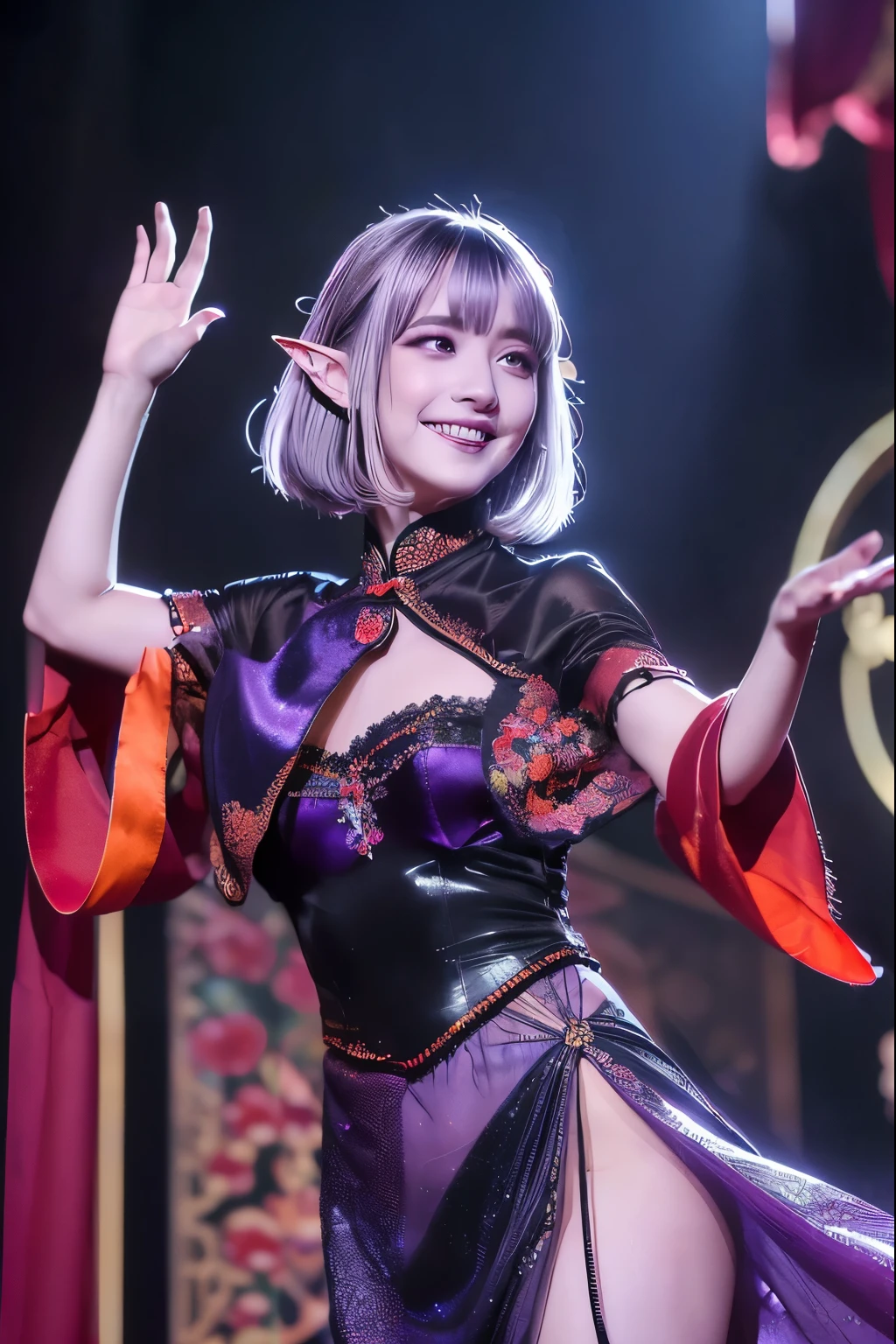 (Ultra-fine face, Sing with a smile), (Gothic fantasy illustration & Ukiyo-e & Comic Art), (whole body, A young dark elf woman with gray hair, Bangs, Very long messy hair, and dark purple skin, Lavender-colored eyes), (She sings and dances "Everything is gone" on stage, Skip, Waving your hands, And the amazingly bold pose, Being sparkling, Magic spotlight), rest (She was wearing a bright orange cheongsam，Made of organza and silk, Sparkling with traditional embroidery and sequins. She wears crimson high heels), rest (In the background, Dancers dance on a stage that resembles a ship deck，Forming a shining magic circle)