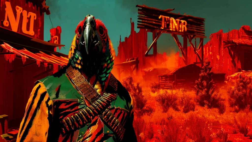 a highly detailed digital portrait of a parrot in the wild west of america, red background, everything is shattering, hyperrealistic, octane render, photorealistic, 8k, intricate details, dramatic lighting, cinematic composition, weathered, dystopian, grungy, moody, intense colors, vivid, masterpiece