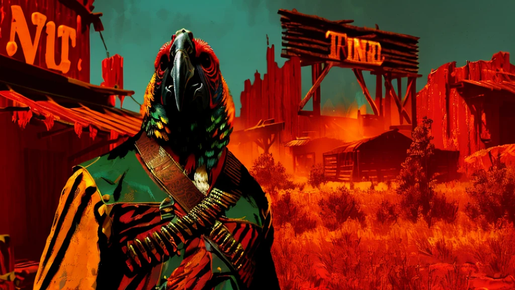 a highly detailed digital portrait of a parrot in the wild west of america, red background, everything is shattering, hyperrealistic, octane render, photorealistic, 8k, intricate details, dramatic lighting, cinematic composition, weathered, dystopian, grungy, moody, intense colors, vivid, masterpiece