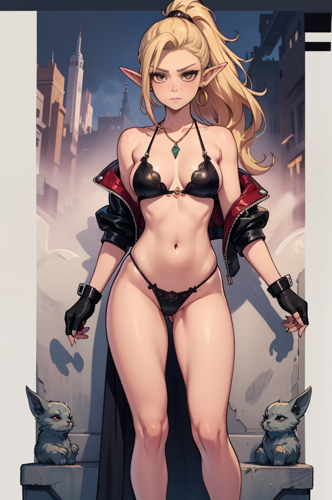 8K, Top Quality, Intricate Details, Ultra Detail, Ultra High Resolution, Masterpiece, full body, Very tall, dark skinned female elf; slender, blonde hairs and incredible long ponytail; strong makeup; brown eyes; small pointy breast; sensual midriff; wearing superhighplatform sandals, jewelery, necklace, earrings, black bikini top, short leather jacket, thongs with a lot of strings, leather skirt, long fingernails; gloves, rings, best quality, expressive eyes, perfect face, masterpiece, slim body, very long legs, detailed stomach, detailed hips, detailed legs, carefully drawn toes, carefully drawn feet, carefully drawn hands, best quality, drawn with careful, Dynamic Angle, Highly detailed, seductive eyes, NTR