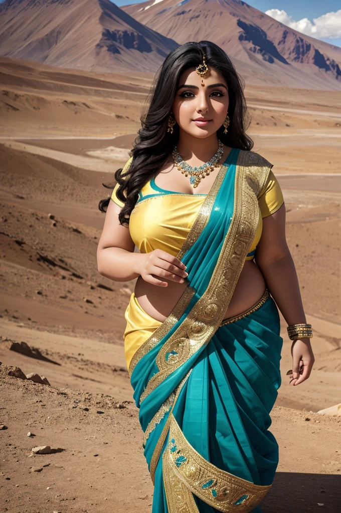 1 Heavenly beautiful and goddess beauty cute and sweet looking face Arabian woman in front of Vinicunca mountain, Heavenly beautiful Overweight, Heavenly beautiful Extremely fat, Heavenly beautiful and attractive Chubby figure , Heavenly beautiful looking and eye catching luxury style tight fitting elegant saree, reaching out, Heavenly beautiful Arabian woman, 16k, High resolution, masterpiece, highest quality, fine skin, Realistic Photograph