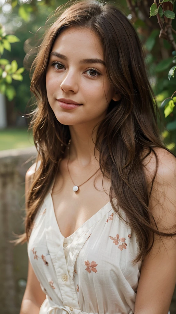 Create a portrait of a young woman in her twenties with a natural and realistic appearance. She has long, wavy brown hair cascading over her shoulders, with highlights catching the light. Her eyes are hazel, expressive and warm, conveying a sense of kindness and intelligence. She has a subtle smile, with lips that are rosy and naturally shaped. Her complexion is smooth and lightly tanned, suggesting a healthy outdoor lifestyle. She is wearing a simple small flowers blouse with delicate patterns, and there's a hint of a necklace peeking out. The background is soft and blurred, focusing attention on her features and expression."

This prompt should help guide the creation of a realistic-looking girl in Sea Art AI, emphasizing natural details and a lifelike appearance.