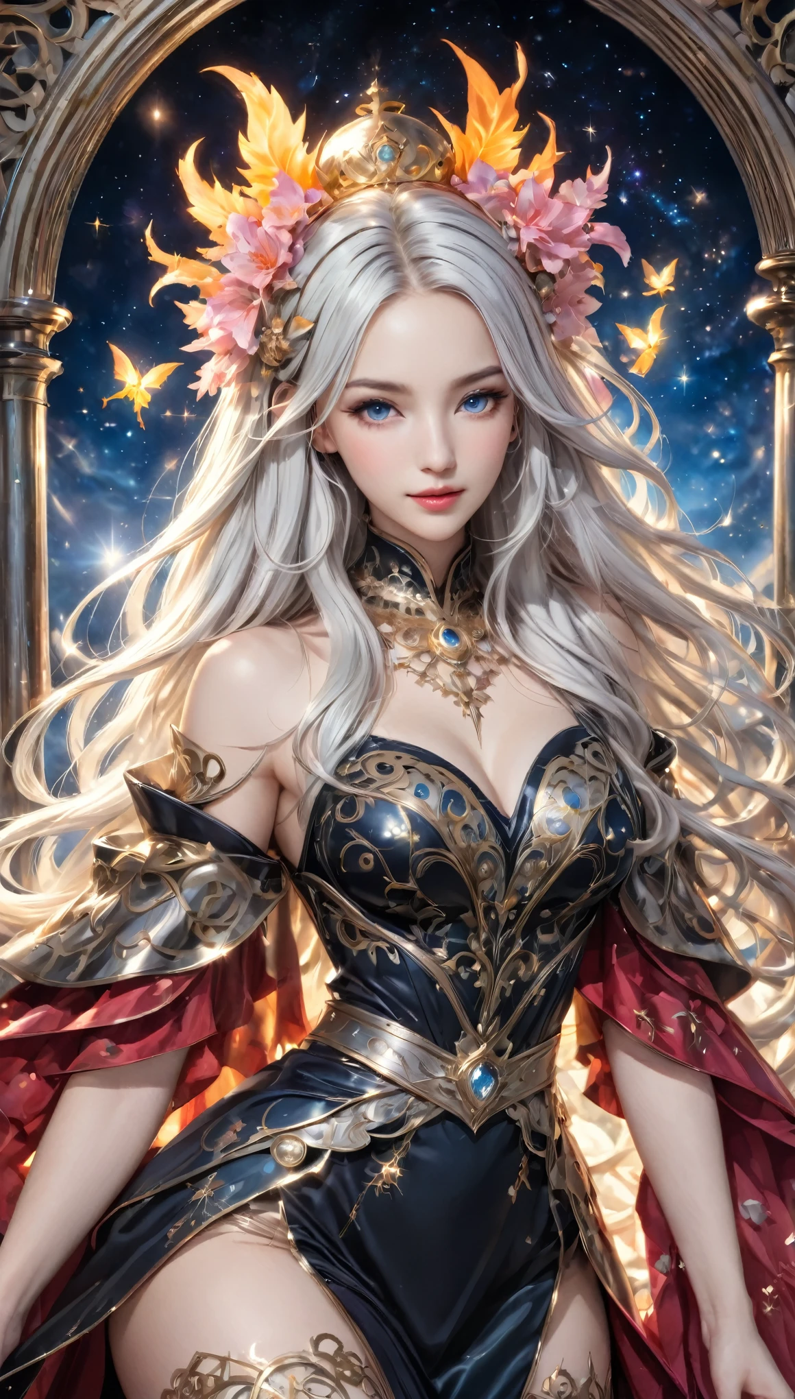 8K resolution, masterpiece, Highest quality, Award-winning works, unrealistic, From above, erotic, sole sexy lady, healthy shaped body, 22 years old, black mage, 165cm tall, huge firm bouncing busts,, white silver long wavy hair, Detailed facial depictions, Break, Mysterious blue eyes, Standard nose, Eyeliner, pink lips, sexy long legs, Transparent and shiny skin, holy knight, Gothic ruffle long dress, A dress with a complex structure, Seven-colored colorful dress, Clothed in flames, royal coat of arms, elegant, Very detailed, Delicate depiction of hair, miniature painting, Digital Painting, artステーションコンセプトart, Smooth, Sharp focus, shape, artジャム、Greg Rutkowski、Alphonse Mucha、William Adolphe Bouguereau、art：Stephanie Law , Royal Jewel, nature, Symmetric, Greg Rutkowski, Charlie Bowwater, Unreal, Surreal, Dynamic Lighting, ファンタジーart, Complex colors, Colorful magic circle, flash, dynamic sexy poses, A kind smile, Mysterious Background, Aura, A gentle gaze, BREAK, Small faint lights and flying fireflies, night, lanthanum, 山の頂From above下界を見下ろす, Starry Sky, milky way, nebula, shooting star, Flowers, birds, wind and moon, (Back view, Looking back towards the camera:1.3), chant healing magic, A pillar of light stretching to the sky, Laser beam, Climb the stairs to heaven