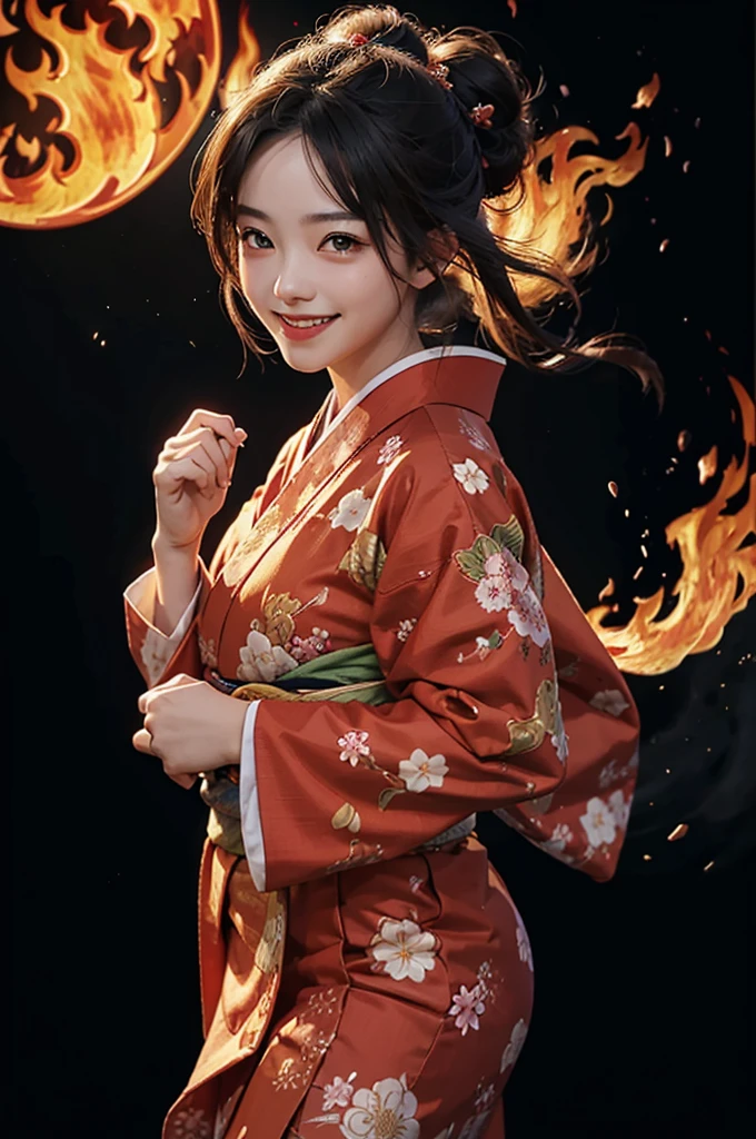 A smiling beautiful woman in a kimono dancing with flames wrapped around her hands, controlling the flames against a background of burning flames